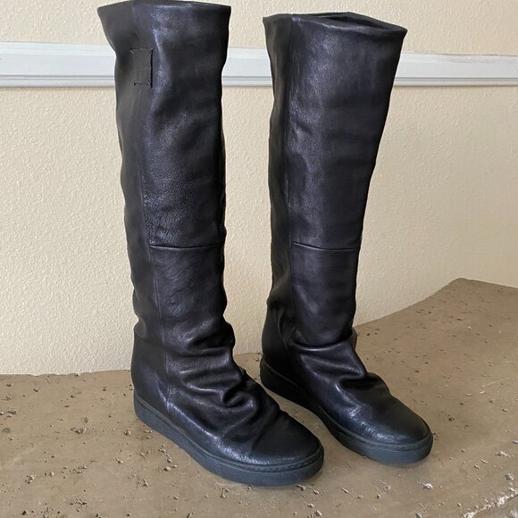 Lemaire Tall Leather Black Boots with Wedge, Size 38 or US7  Made in Italy - Picture 1 of 12